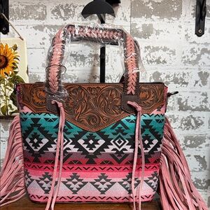 Montana West Pink and Turquoise Aztec Fringe Tote with Tooled Trim set